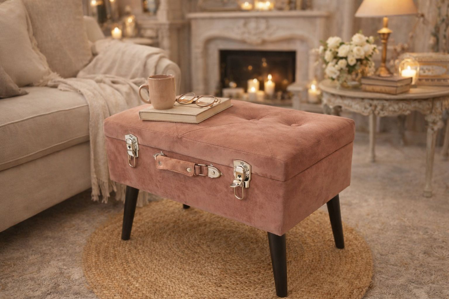 Pouf contenitore in velluto rosa antico