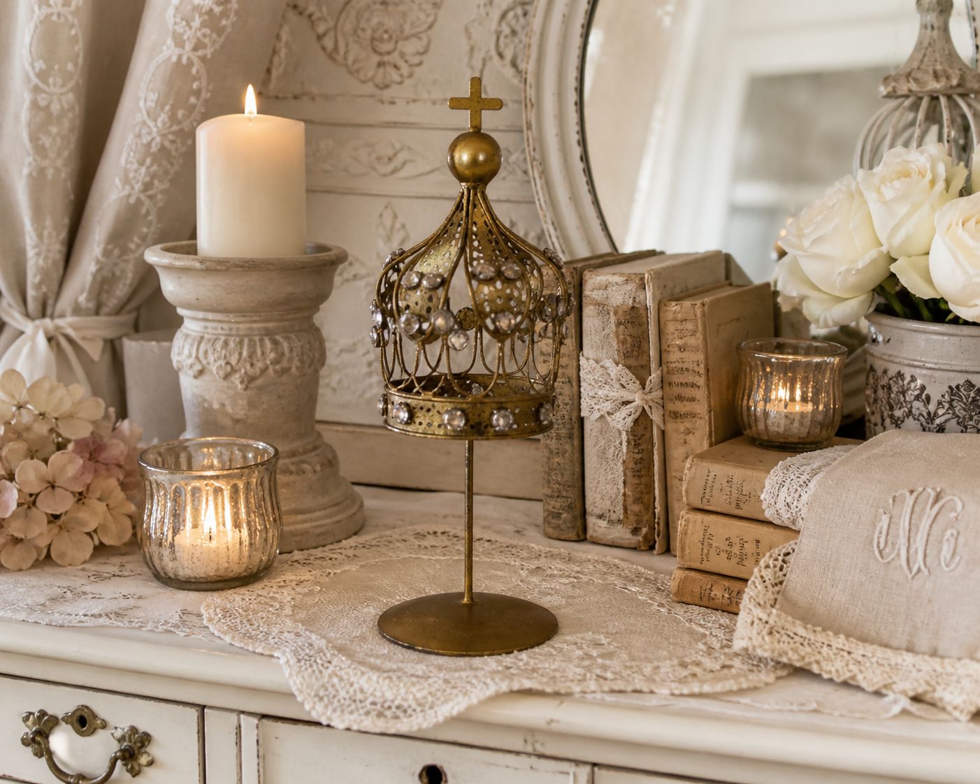 Corona decorativa shabby chic con strass - CM 6,5 X 17
