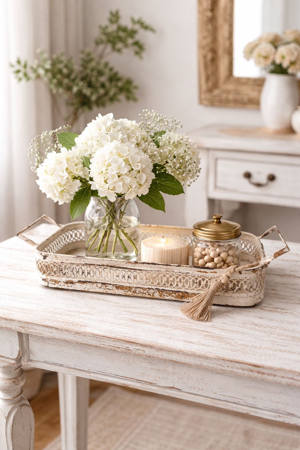 Vassoio in metallo color crema anticato