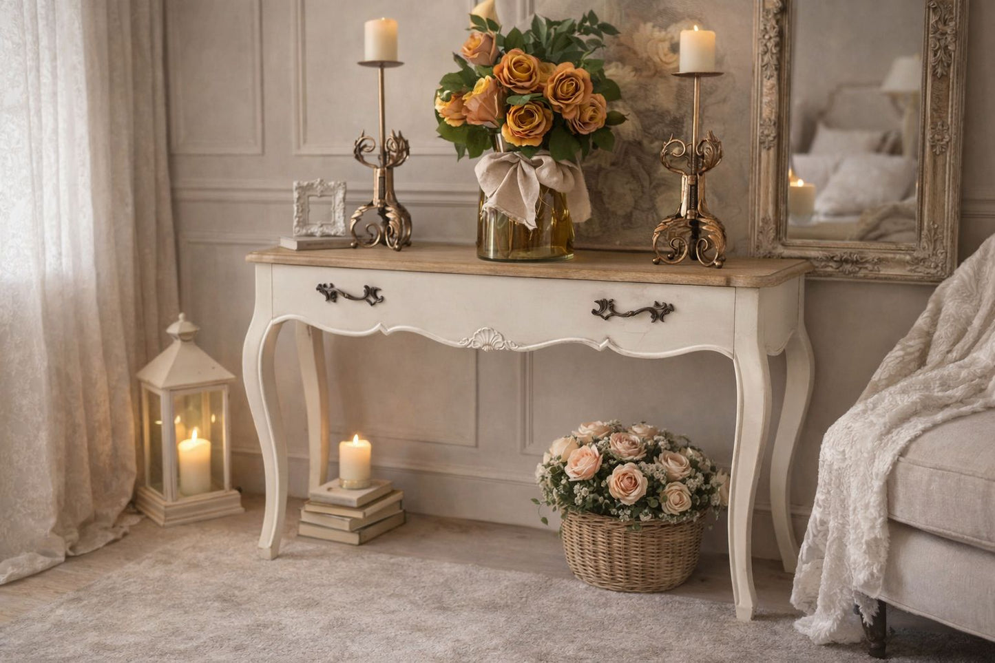 Console stile francese con piano in legno naturale cm 84 x 25 x 76