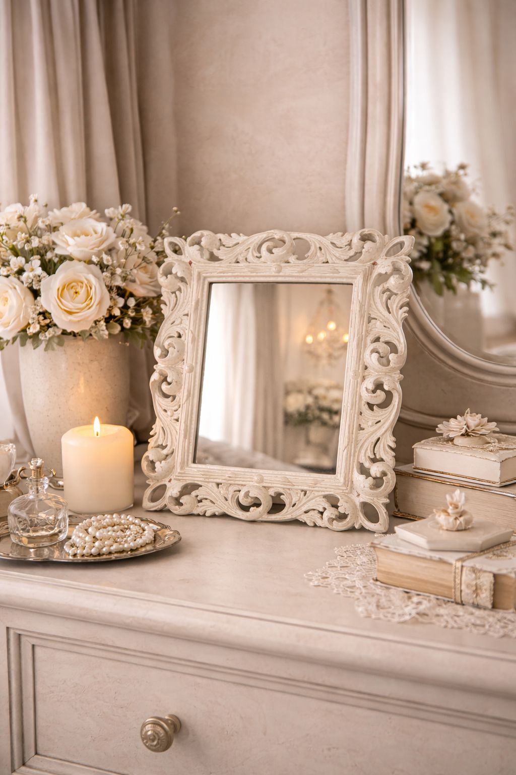 Specchio decorativo stile barocco avorio in resina cm 32x36