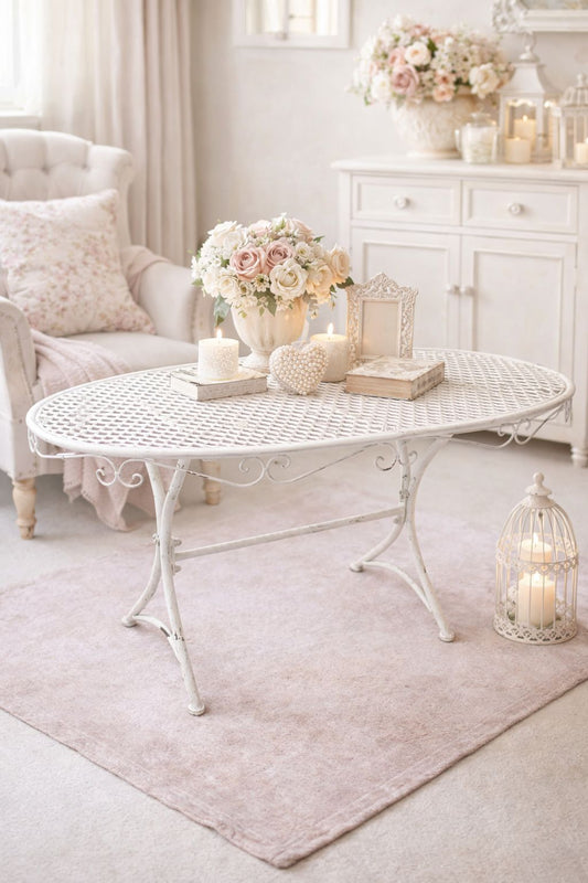 Tavolino in ferro bianco stile romantico cm 79x43 h45