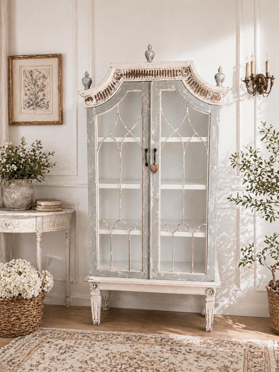 Credenza vetrina shabby chic in legno decapato - H 194cm x L.98cm x Pr 42 cm