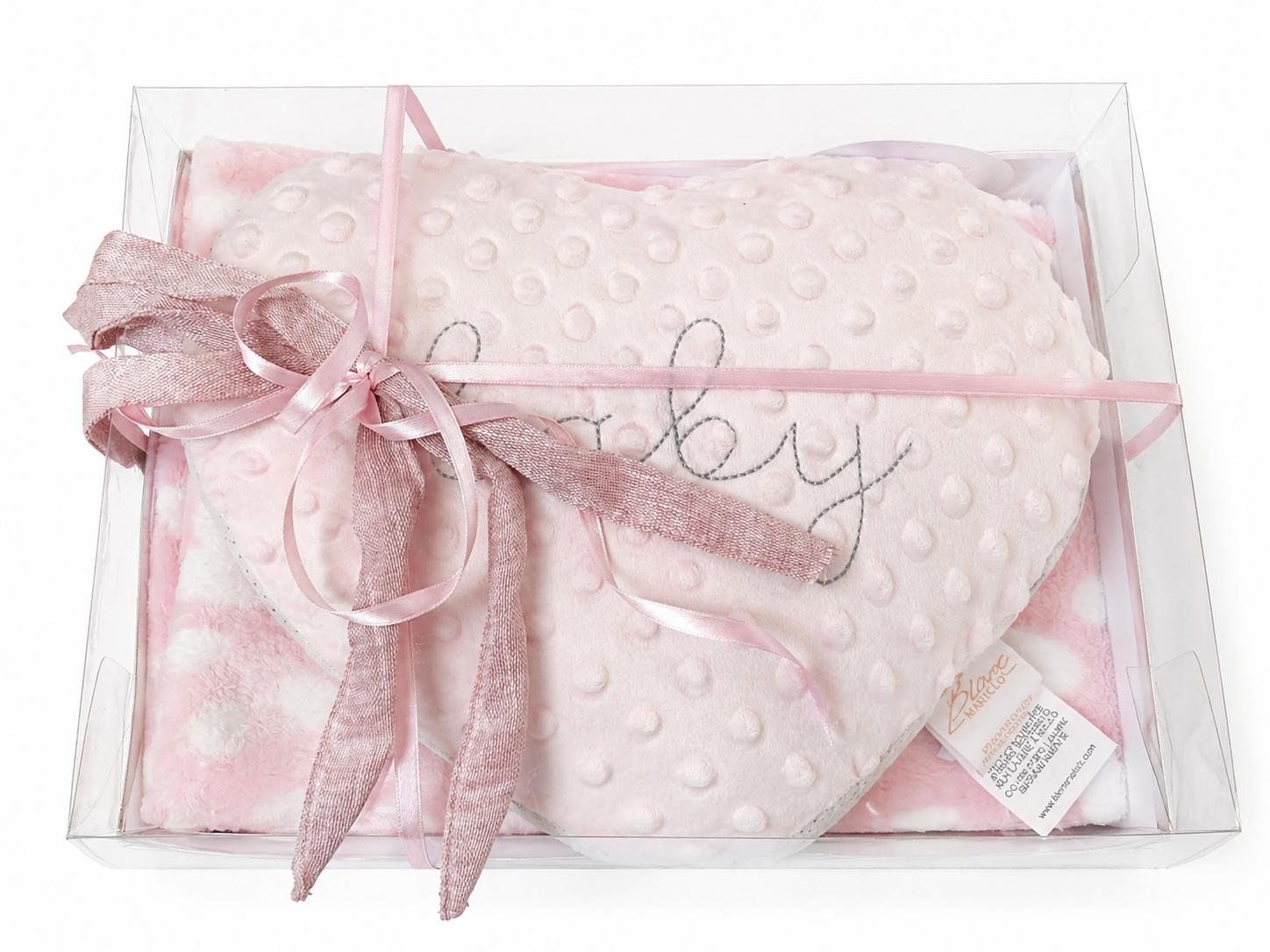 Plaid ROSA chiaro 100 x 75 cm con cuscino cuore in scatola regalo