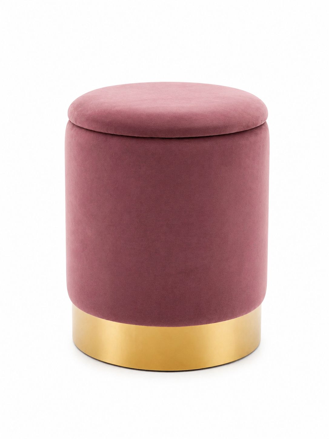 Pouf contenitore in velluto rosa con base oro diam. cm30 h.38cm