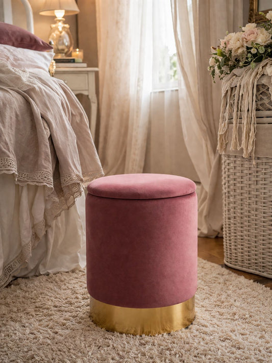 Pouf contenitore in velluto rosa con base oro diam. cm30 h.38cm