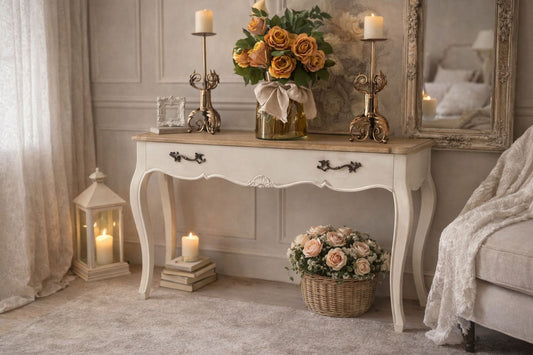 Console stile francese con piano in legno naturale cm 84 x 25 x 76