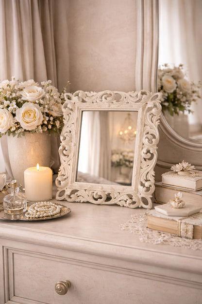 Specchio decorativo stile barocco avorio in resina cm 32x36