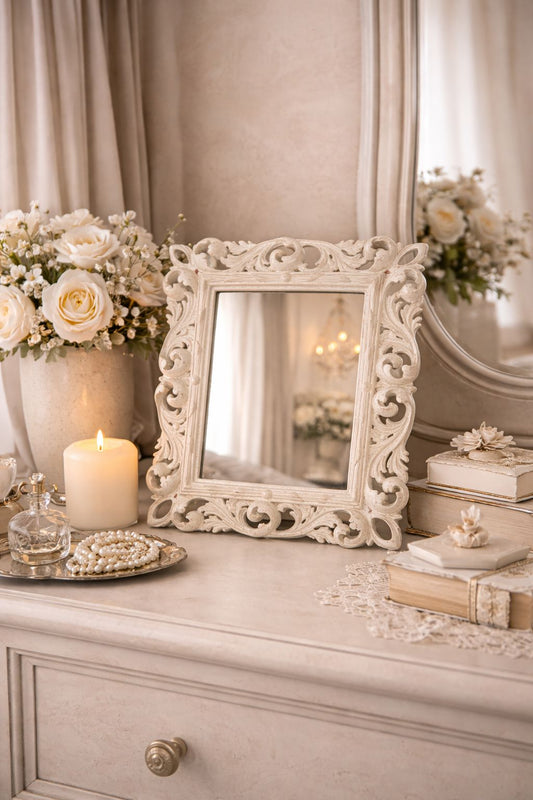 Specchio decorativo stile barocco avorio in resina cm 32x36