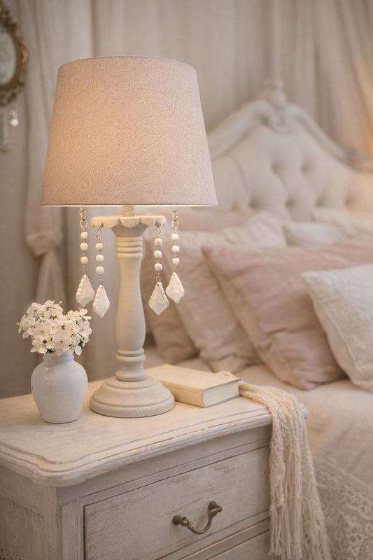 Lampada da tavolo shabby chic con pendenti decorativi