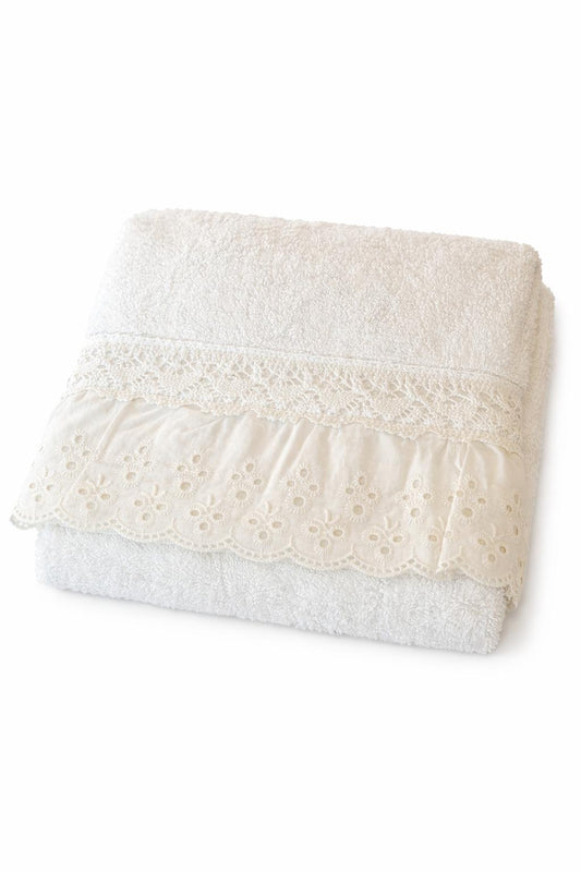 Set Asciugamani in Cotone con Bordo in Pizzo San Gallo