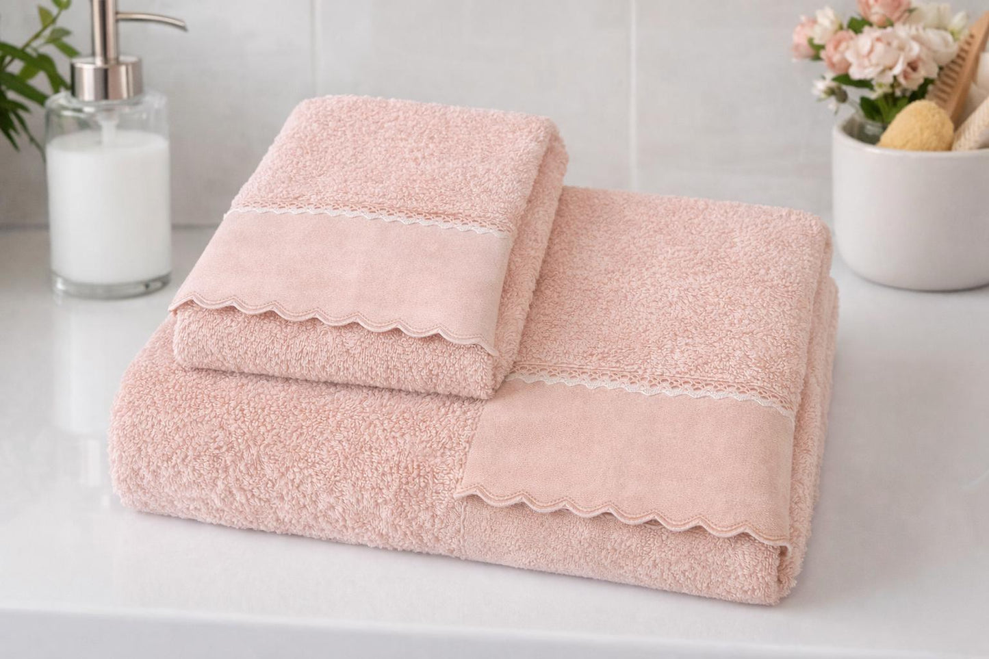 Set Asciugamani Rosa Cipria con Bordo Decorativo