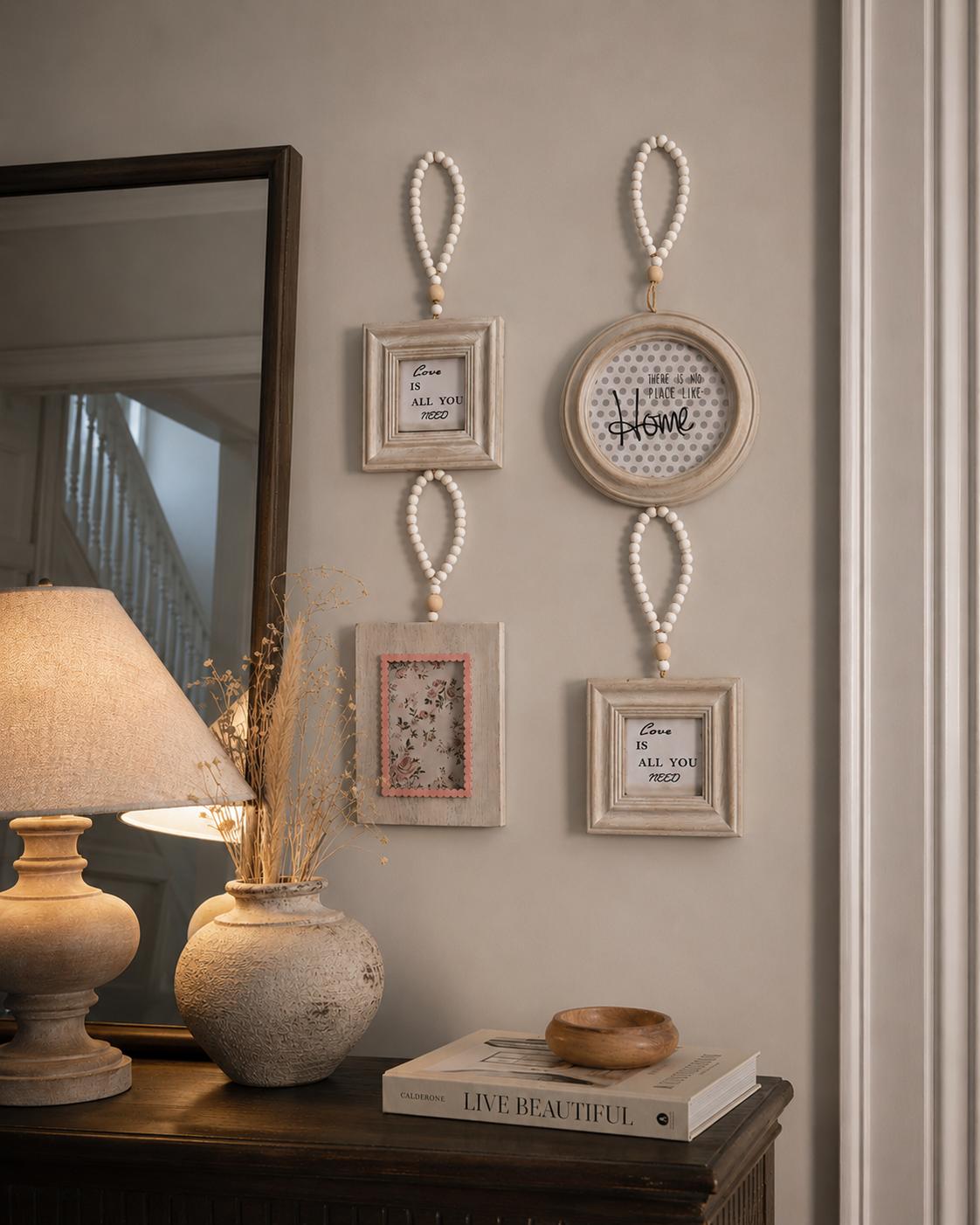 Cornice decorativa/porta foto con  perline in legno – Fantasia floreale-cm 13,5X13,5
