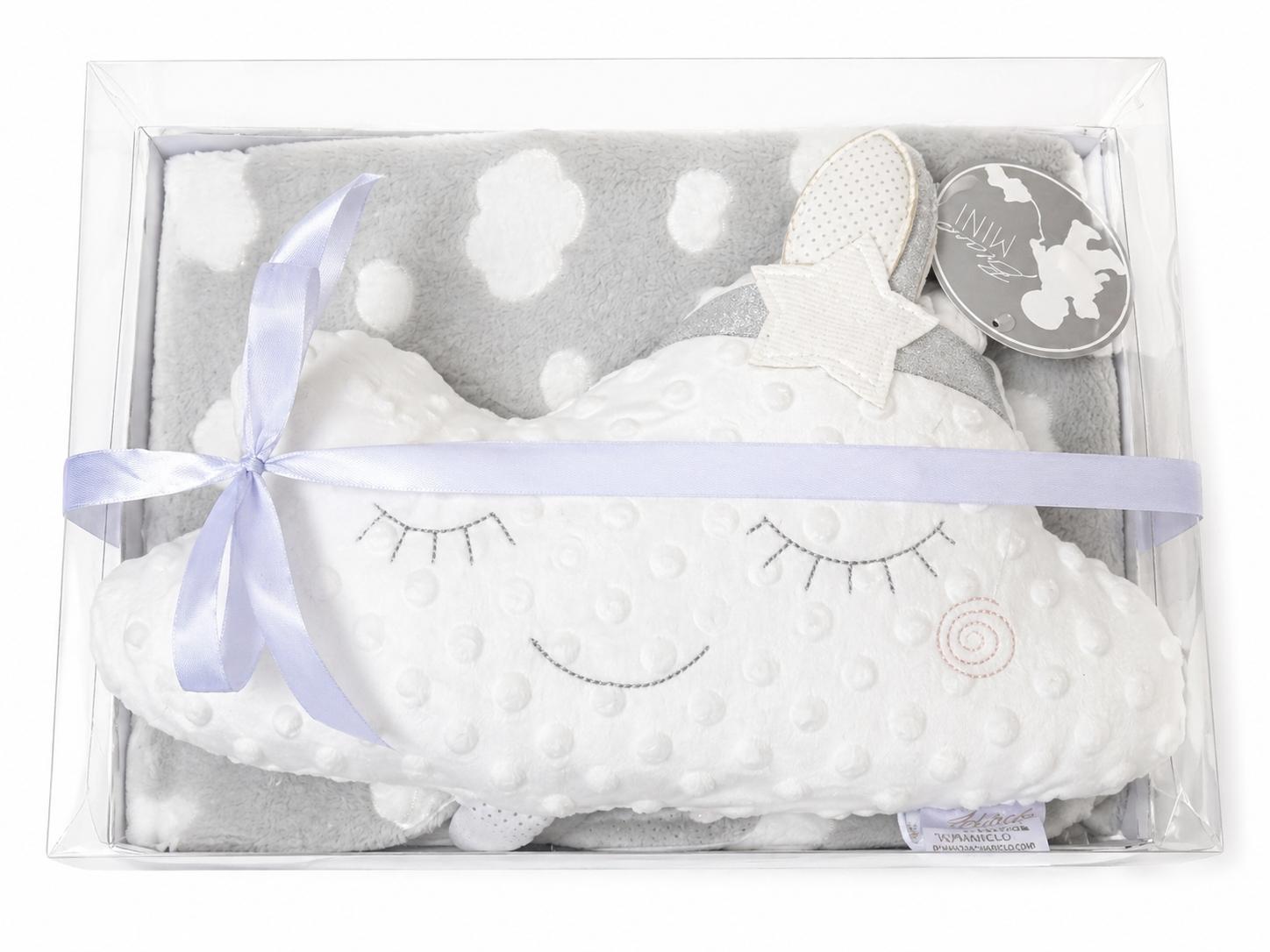 Plaid GRIGIO chiaro  100 x 75 cm con cuscino nuvola in scatola regalo
