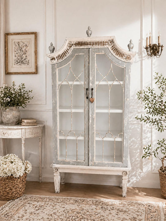 Credenza vetrina shabby chic in legno decapato - H 194cm x L.98cm x Pr 42 cm