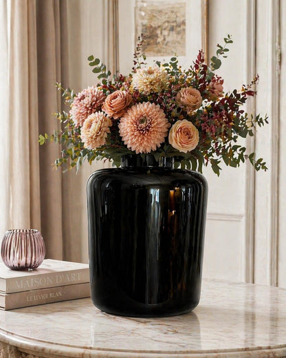 Vaso in vetro nero lucido- H43cm , diam base 32cm, diam bocca 14cm