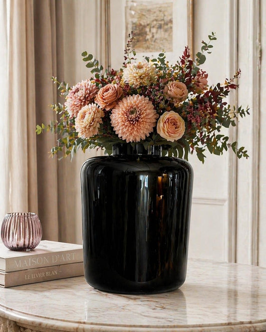 Vaso in vetro nero lucido- H43cm , diam base 32cm, diam bocca 14cm